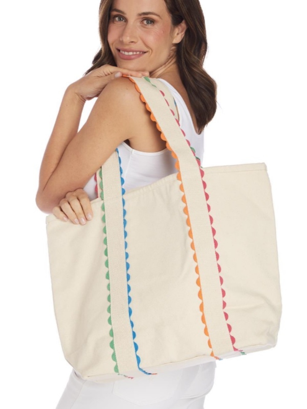 2Chic Extra Large Shopper Tote Natural Cotton Rainbow Ric Rac Trim Bonus Pouches